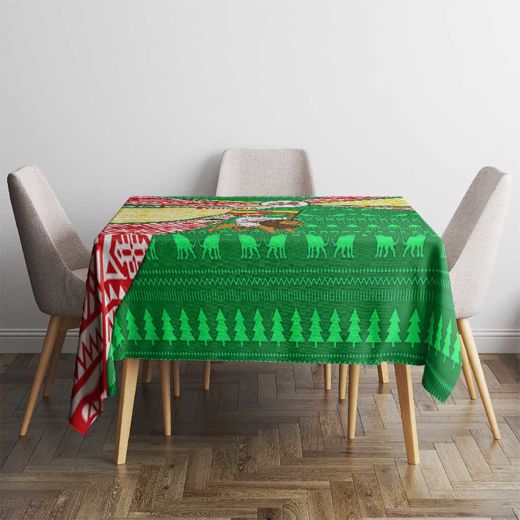 Ethiopia Christmas Tablecloth with Santa Riding Lion Ethiopian Flag Colors and Tribal Pattern Design - Wonder Print Shop