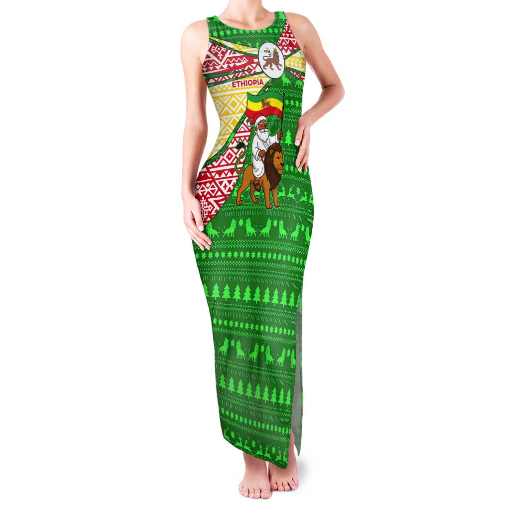 Ethiopia Christmas Tank Maxi Dress with Santa Riding Lion Ethiopian Flag Colors and Tribal Pattern Design - Wonder Print Shop