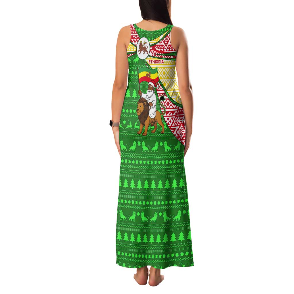 Ethiopia Christmas Tank Maxi Dress with Santa Riding Lion Ethiopian Flag Colors and Tribal Pattern Design - Wonder Print Shop