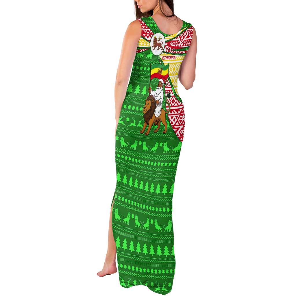 Ethiopia Christmas Tank Maxi Dress with Santa Riding Lion Ethiopian Flag Colors and Tribal Pattern Design - Wonder Print Shop