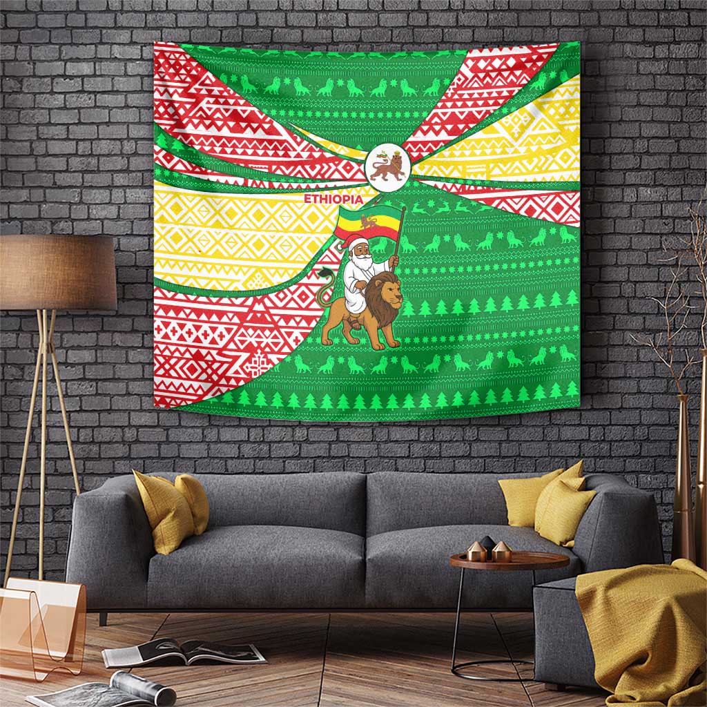 Ethiopia Christmas Tapestry with Santa Riding Lion Ethiopian Flag Colors and Tribal Pattern Design - Wonder Print Shop