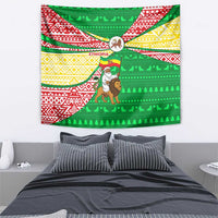 Ethiopia Christmas Tapestry with Santa Riding Lion Ethiopian Flag Colors and Tribal Pattern Design - Wonder Print Shop