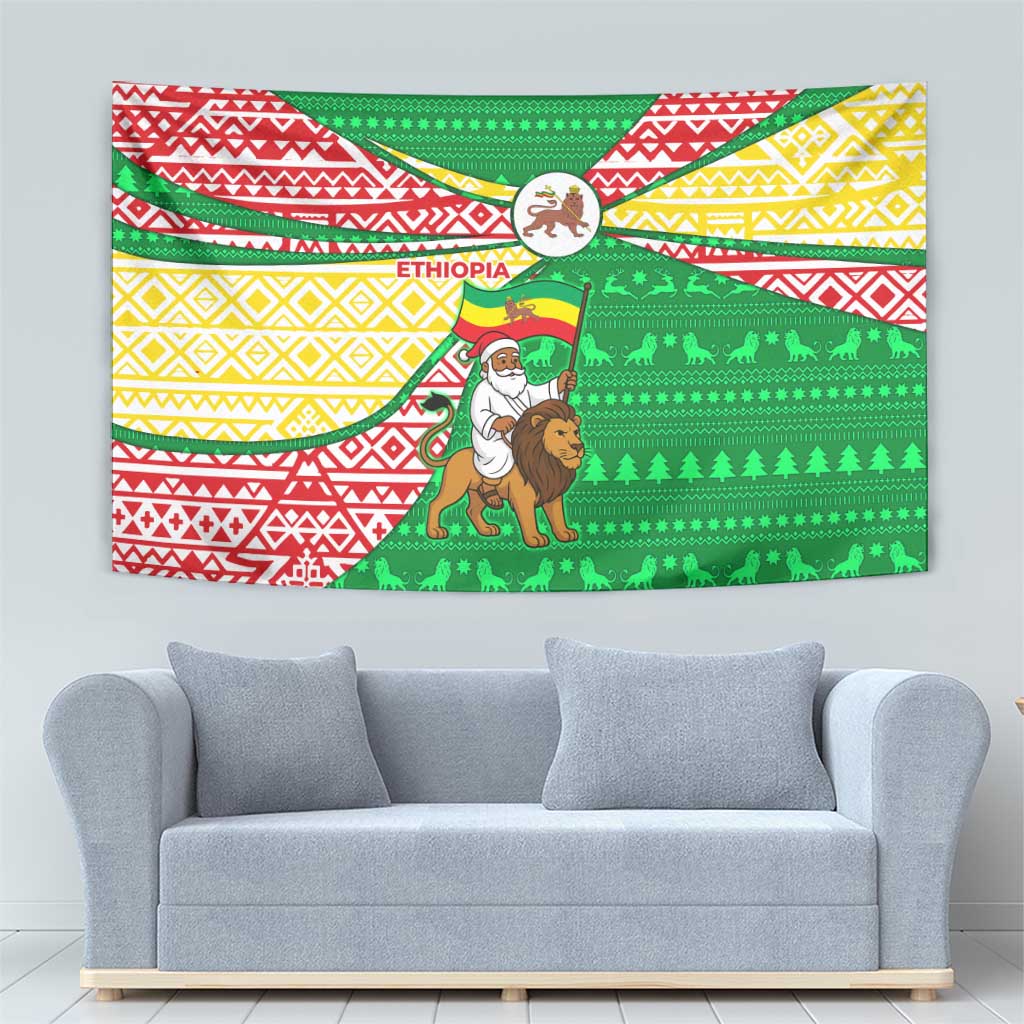Ethiopia Christmas Tapestry with Santa Riding Lion Ethiopian Flag Colors and Tribal Pattern Design - Wonder Print Shop