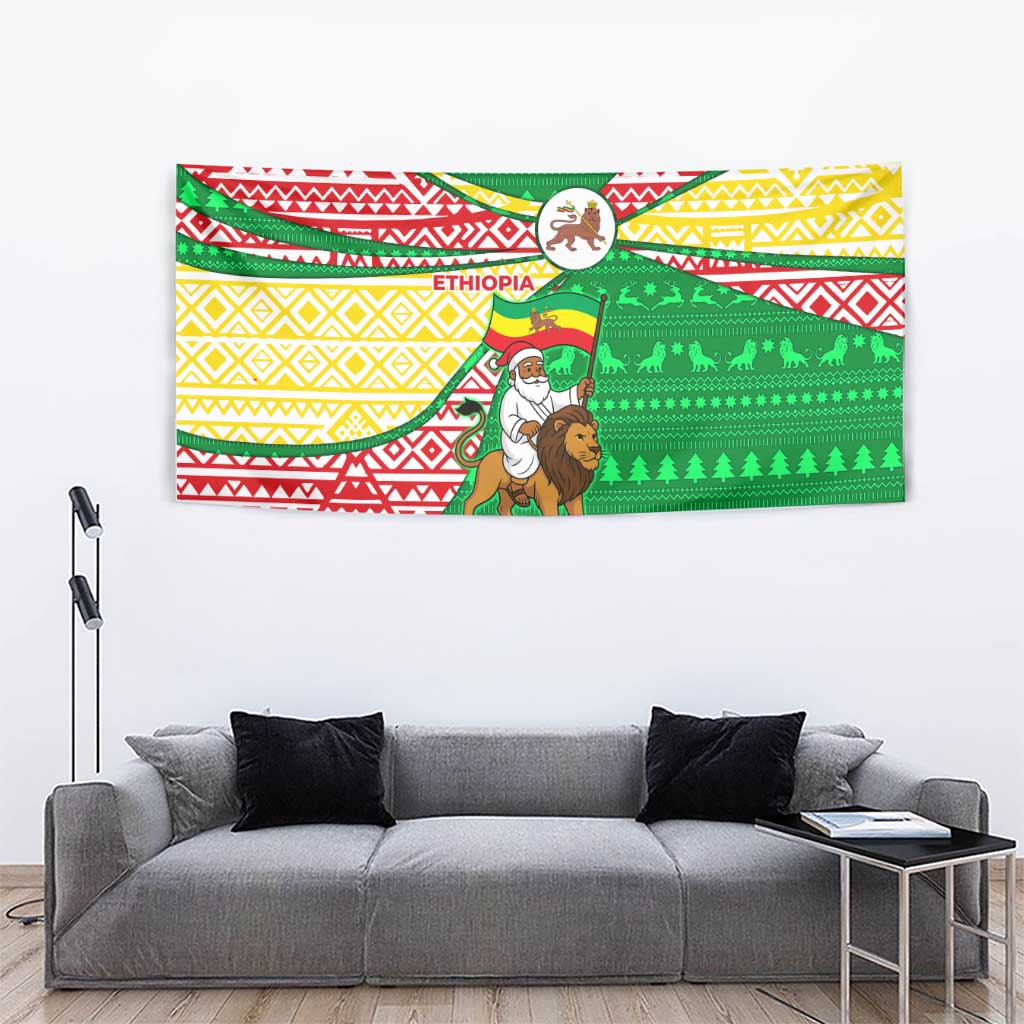 Ethiopia Christmas Tapestry with Santa Riding Lion Ethiopian Flag Colors and Tribal Pattern Design - Wonder Print Shop