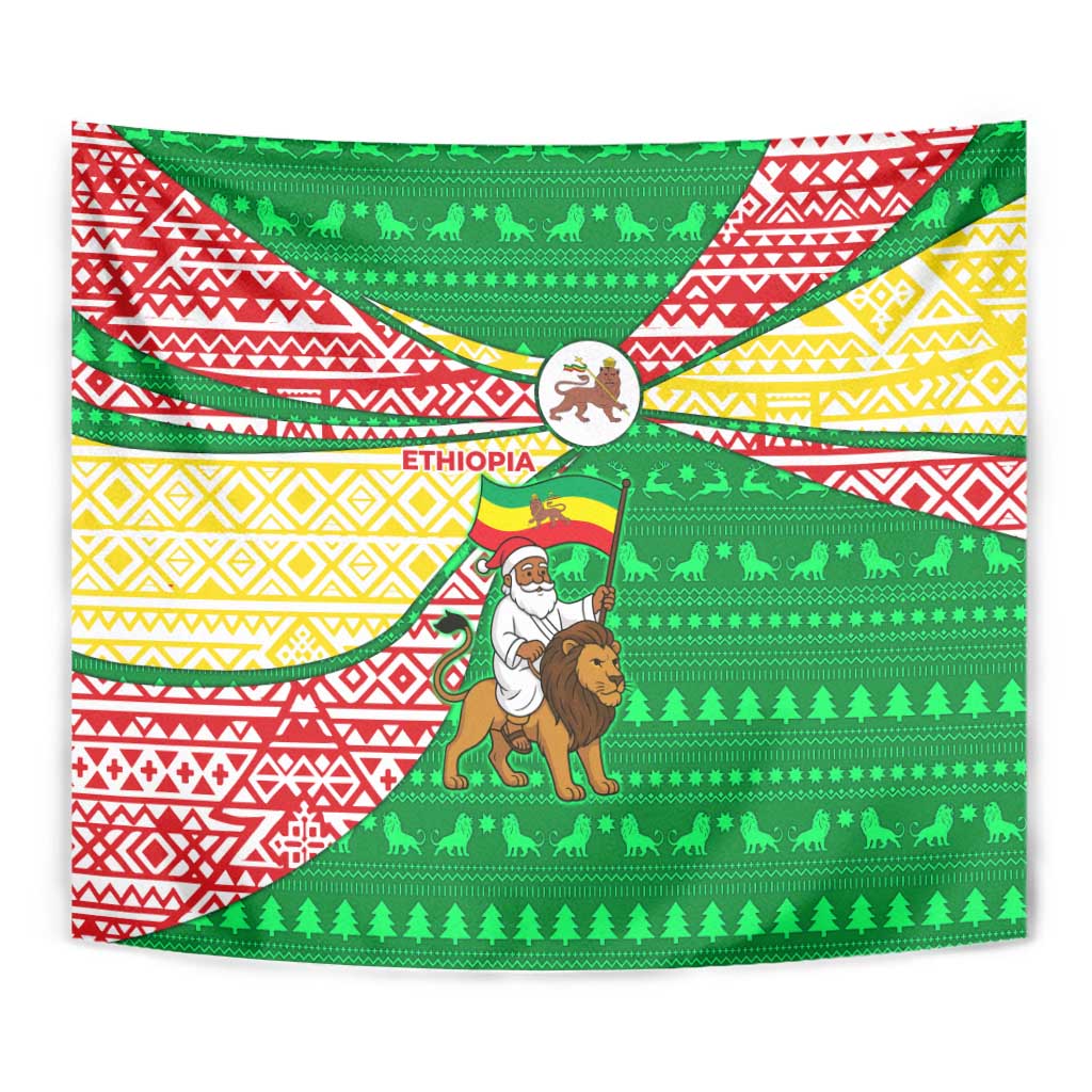 Ethiopia Christmas Tapestry with Santa Riding Lion Ethiopian Flag Colors and Tribal Pattern Design - Wonder Print Shop