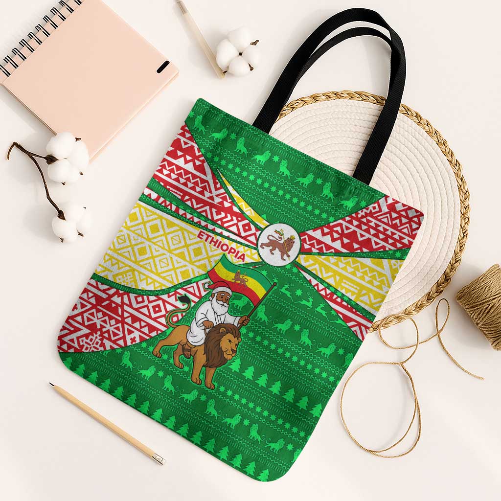 Ethiopia Christmas Tote Bag with Santa Riding Lion Ethiopian Flag Colors and Tribal Pattern Design - Wonder Print Shop