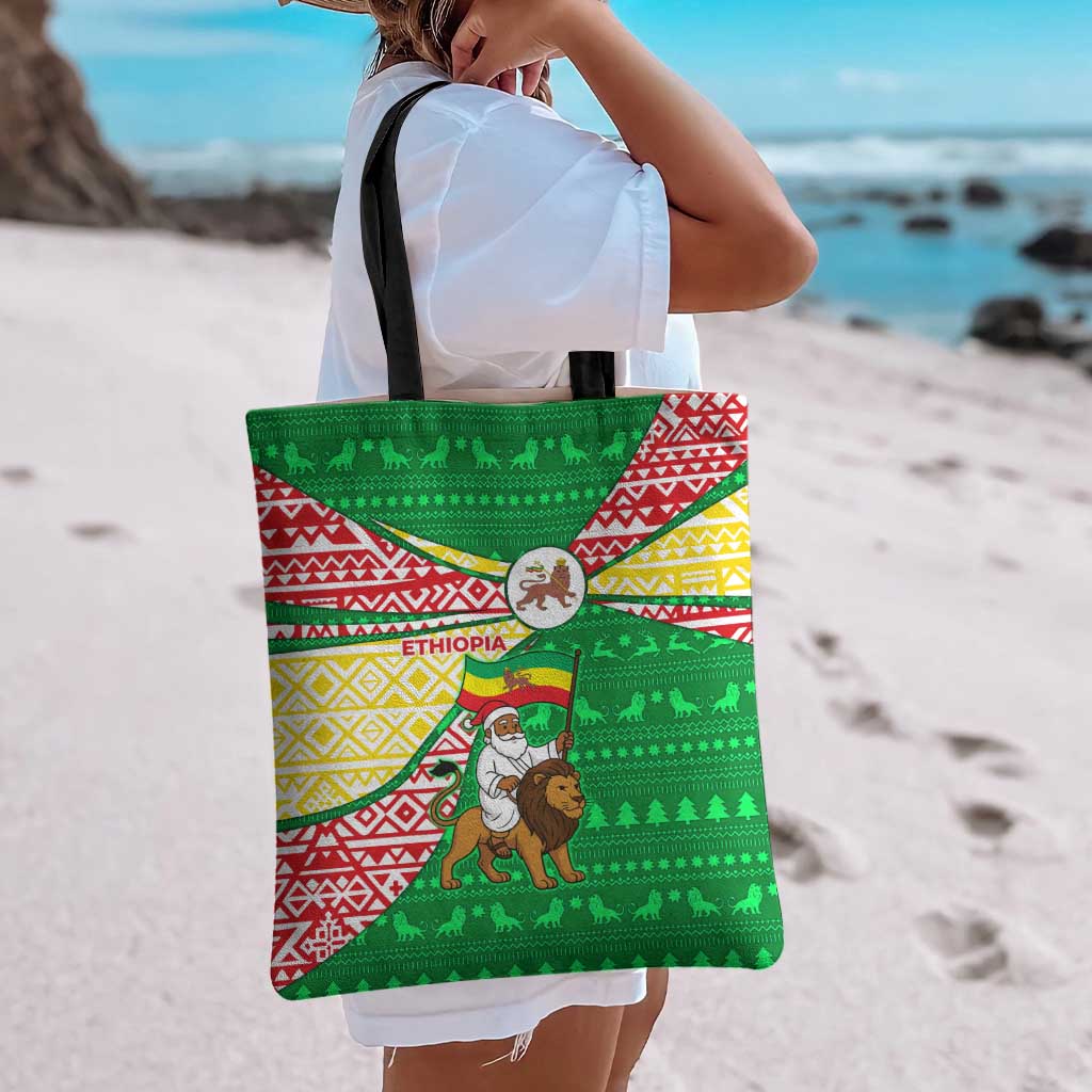 Ethiopia Christmas Tote Bag with Santa Riding Lion Ethiopian Flag Colors and Tribal Pattern Design - Wonder Print Shop
