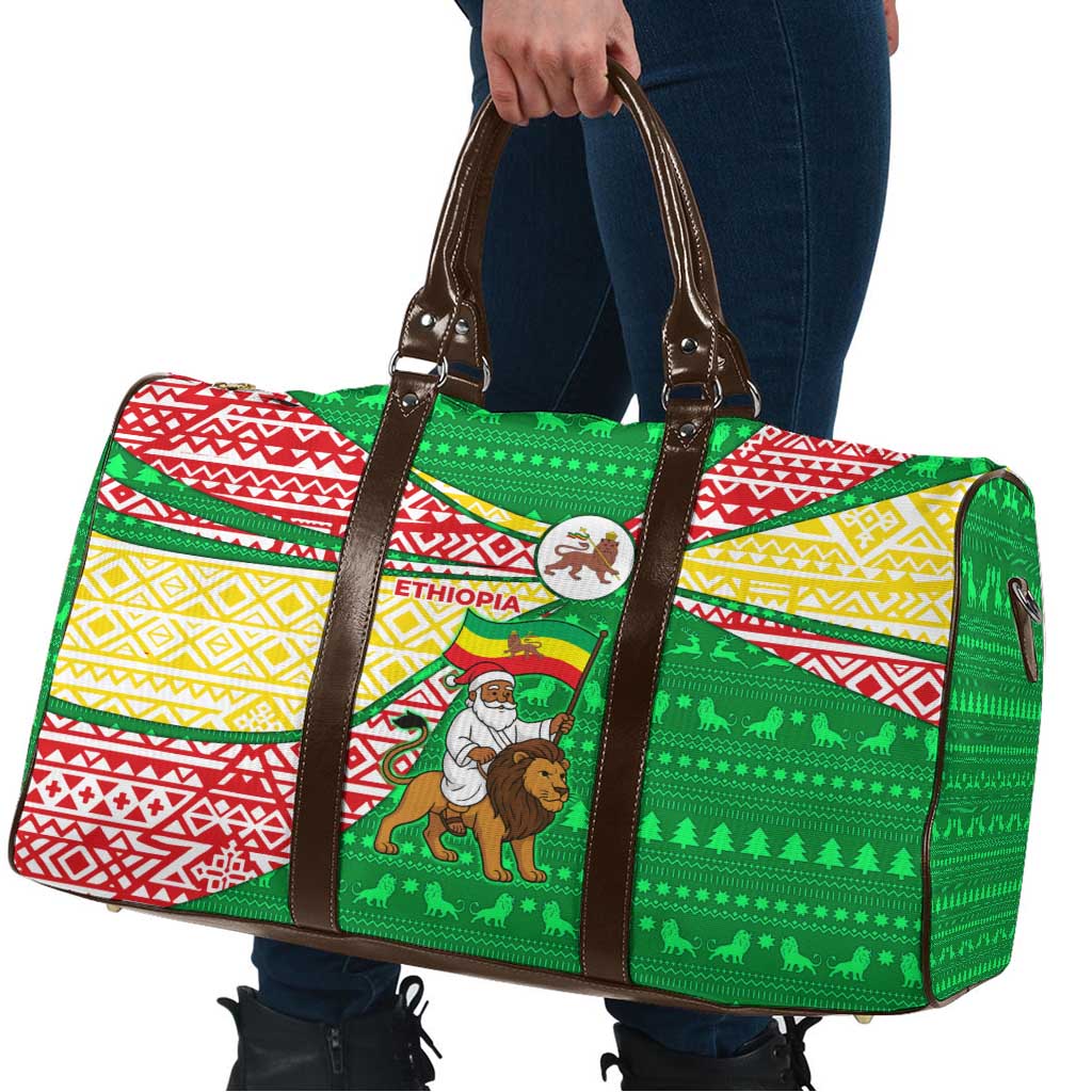 Ethiopia Christmas Travel Bag with Santa Riding Lion Ethiopian Flag Colors and Tribal Pattern Design - Wonder Print Shop