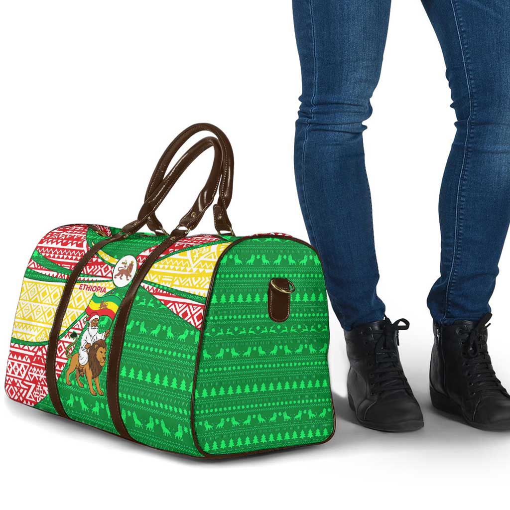 Ethiopia Christmas Travel Bag with Santa Riding Lion Ethiopian Flag Colors and Tribal Pattern Design - Wonder Print Shop