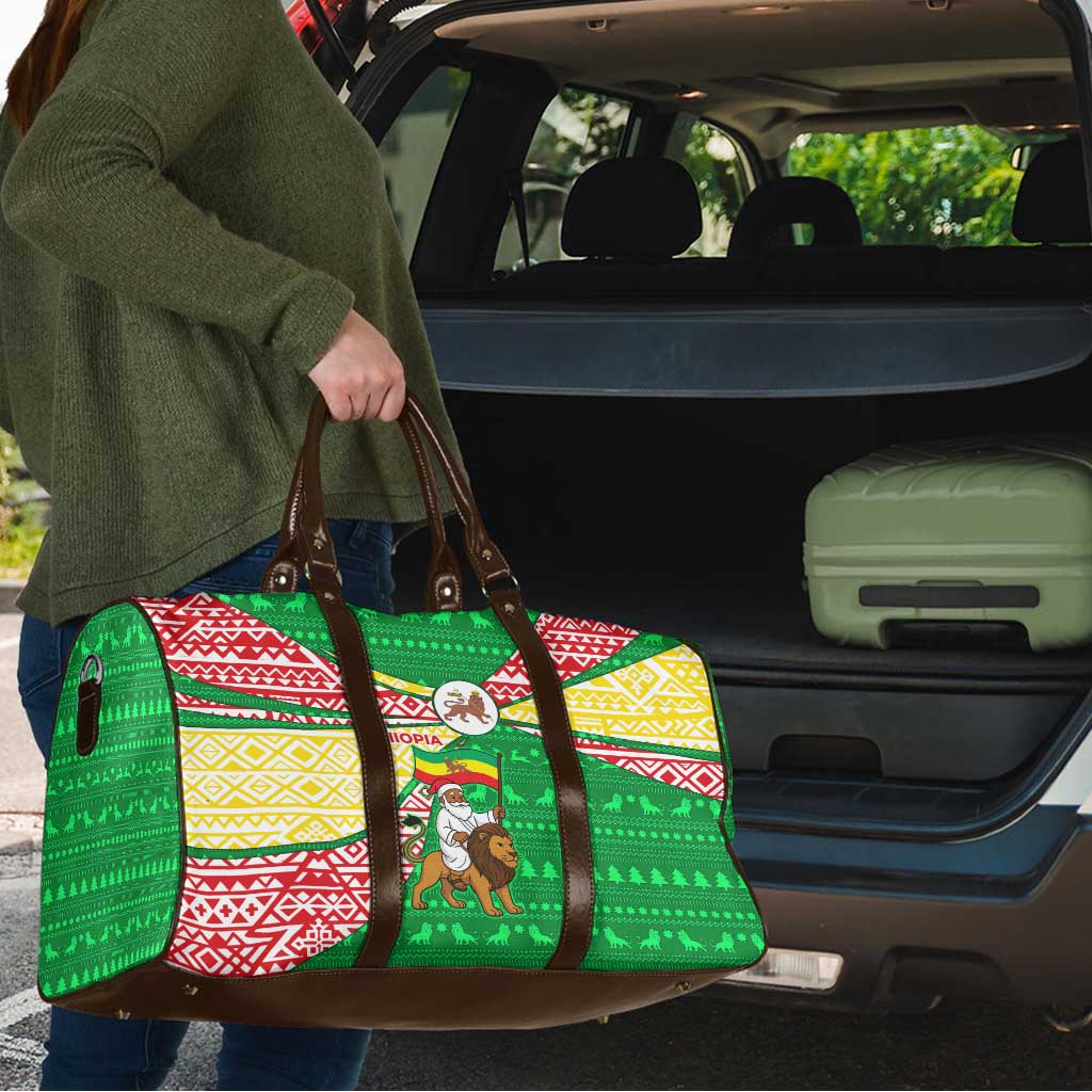 Ethiopia Christmas Travel Bag with Santa Riding Lion Ethiopian Flag Colors and Tribal Pattern Design - Wonder Print Shop