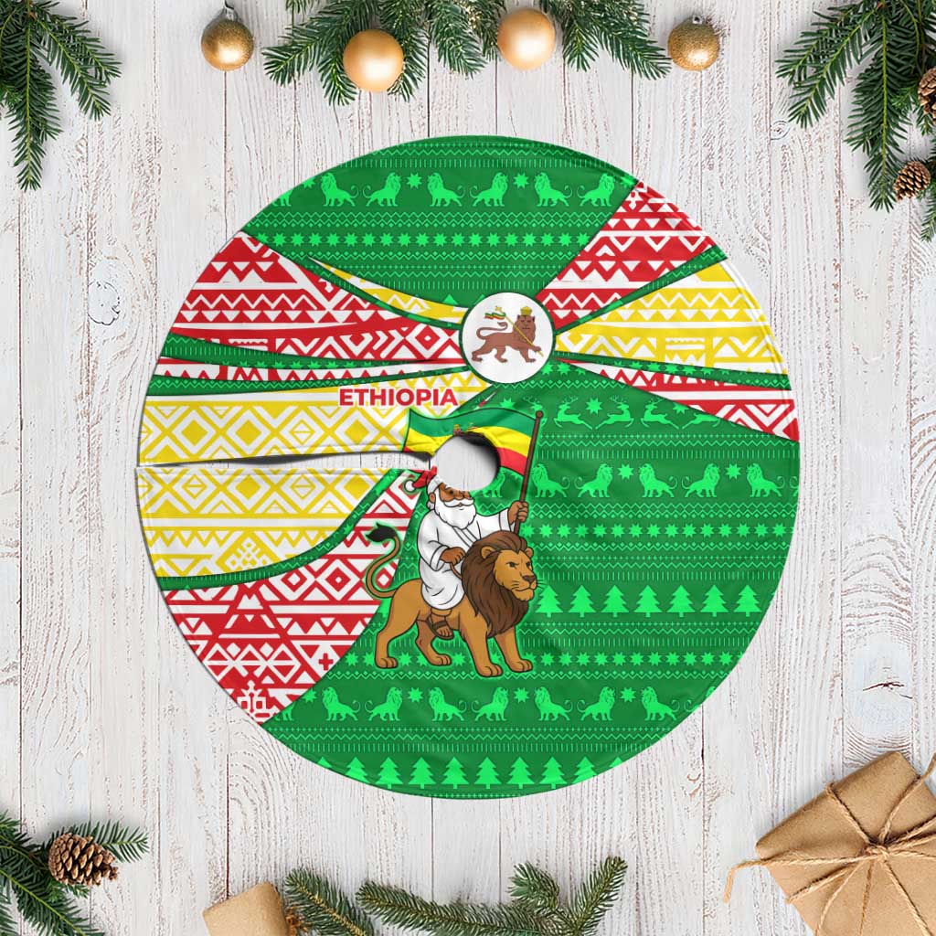 Ethiopia Christmas Tree Skirt with Santa Riding Lion Ethiopian Flag Colors and Tribal Pattern Design - Wonder Print Shop