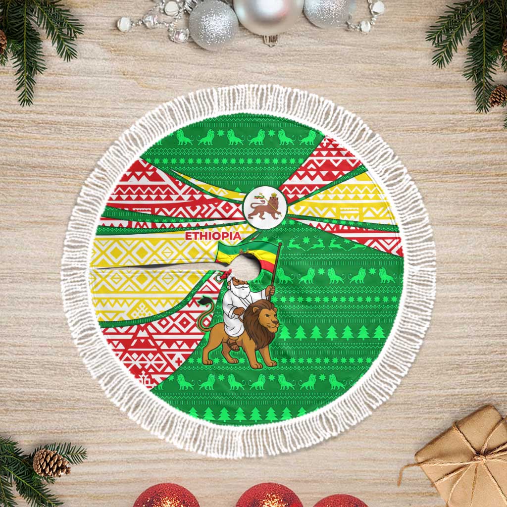 Ethiopia Christmas Tree Skirt with Santa Riding Lion Ethiopian Flag Colors and Tribal Pattern Design - Wonder Print Shop