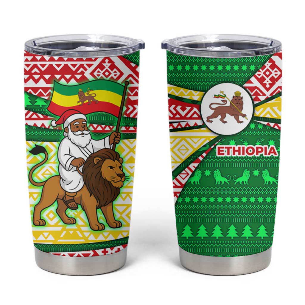 Ethiopia Christmas Tumbler Cup with Santa Riding Lion Ethiopian Flag Colors and Tribal Pattern Design - Wonder Print Shop