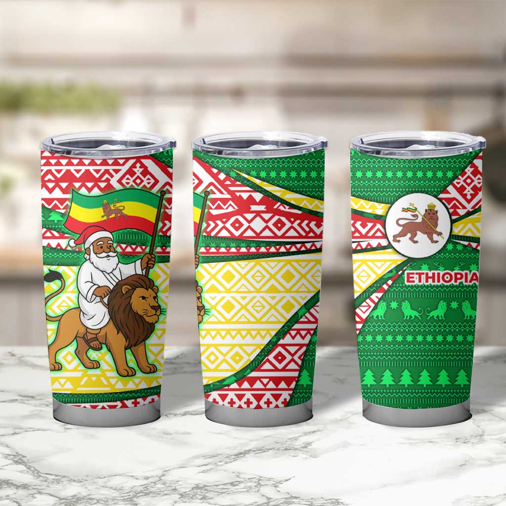 Ethiopia Christmas Tumbler Cup with Santa Riding Lion Ethiopian Flag Colors and Tribal Pattern Design - Wonder Print Shop