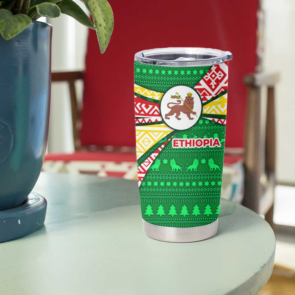 Ethiopia Christmas Tumbler Cup with Santa Riding Lion Ethiopian Flag Colors and Tribal Pattern Design - Wonder Print Shop