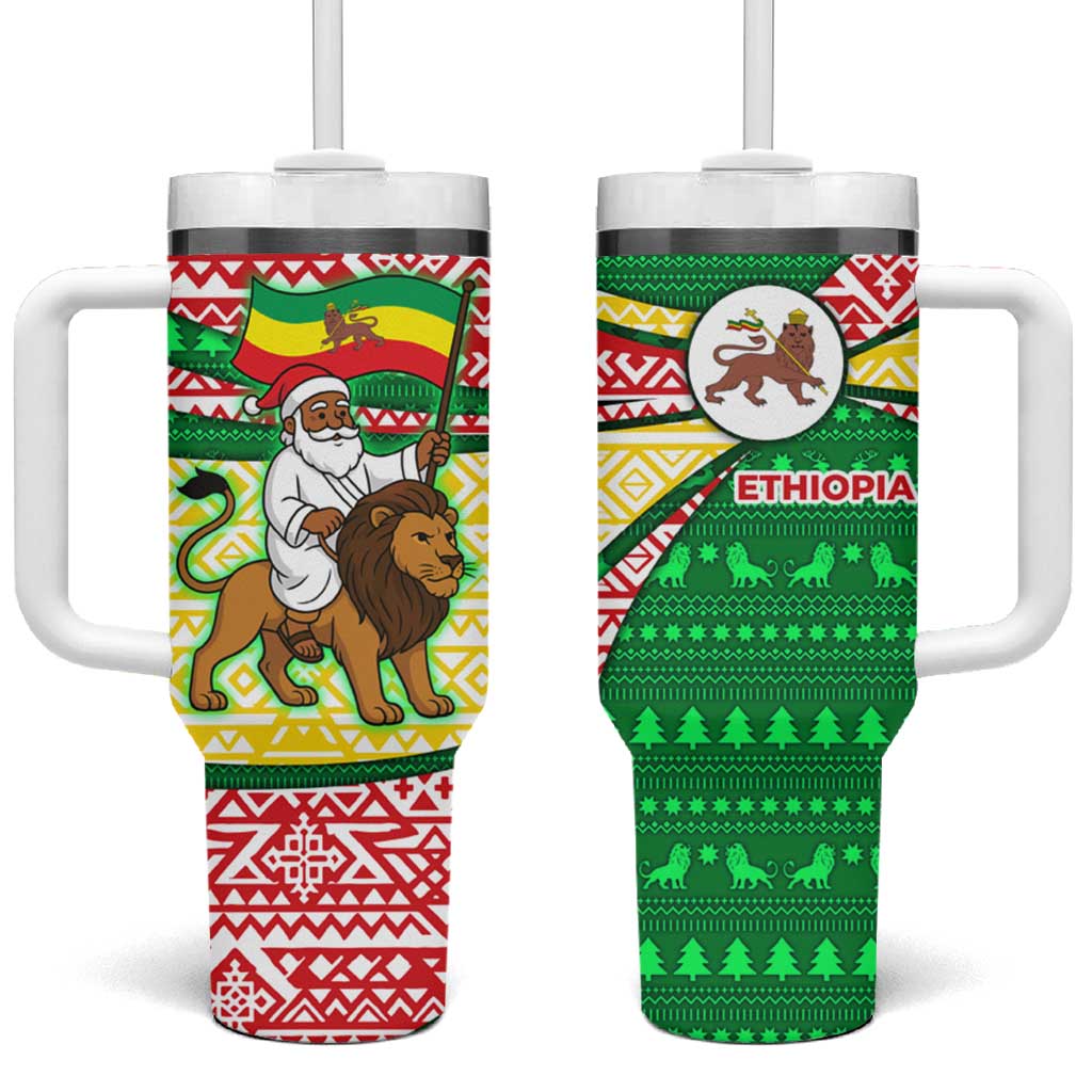 Ethiopia Christmas Tumbler With Handle with Santa Riding Lion Ethiopian Flag Colors and Tribal Pattern Design - Wonder Print Shop