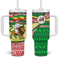 Ethiopia Christmas Tumbler With Handle with Santa Riding Lion Ethiopian Flag Colors and Tribal Pattern Design - Wonder Print Shop