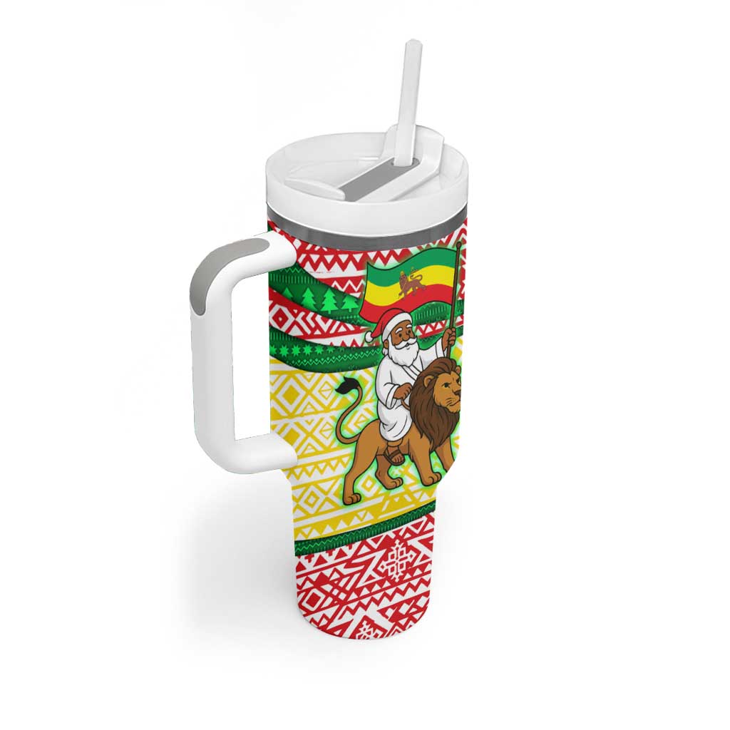 Ethiopia Christmas Tumbler With Handle with Santa Riding Lion Ethiopian Flag Colors and Tribal Pattern Design - Wonder Print Shop
