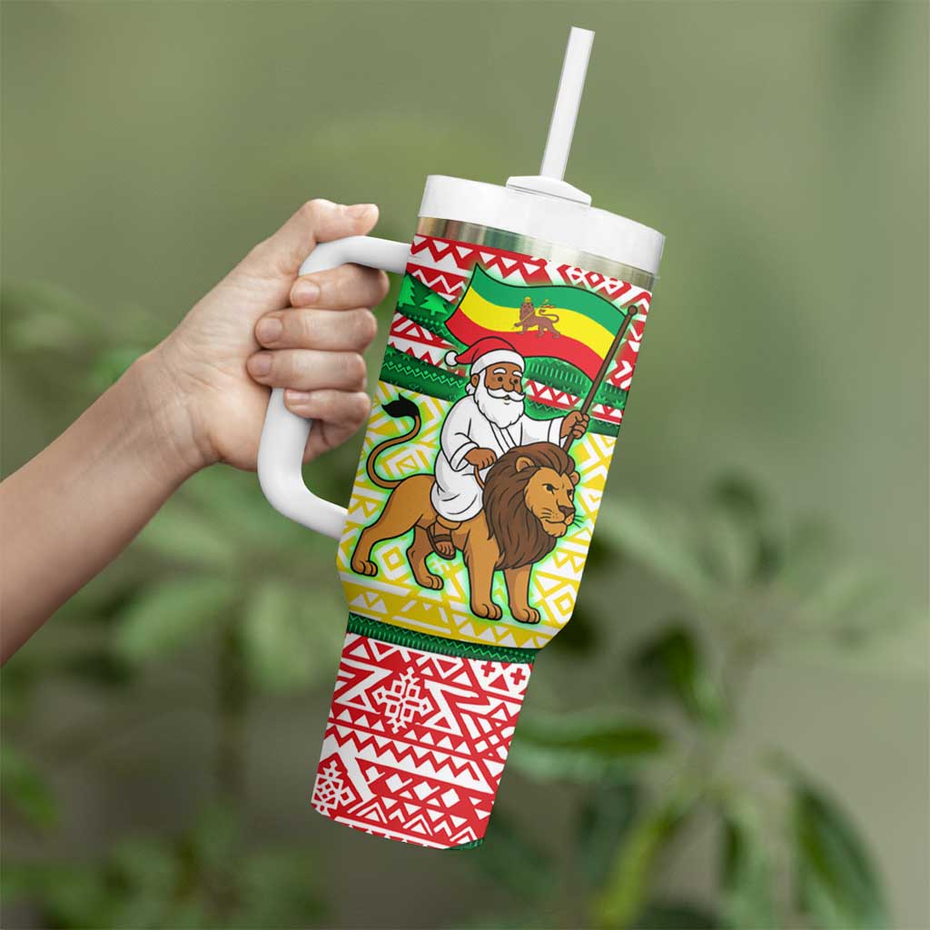 Ethiopia Christmas Tumbler With Handle with Santa Riding Lion Ethiopian Flag Colors and Tribal Pattern Design - Wonder Print Shop