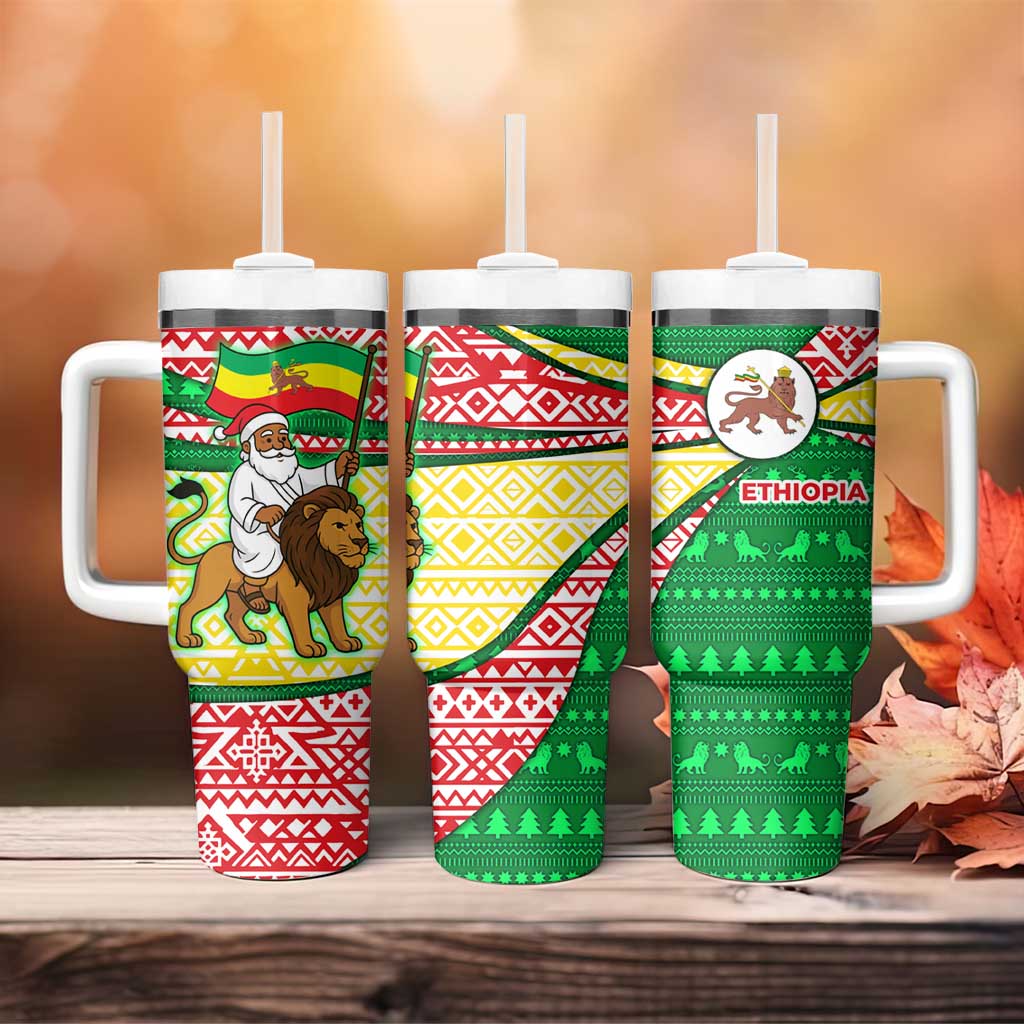 Ethiopia Christmas Tumbler With Handle with Santa Riding Lion Ethiopian Flag Colors and Tribal Pattern Design - Wonder Print Shop