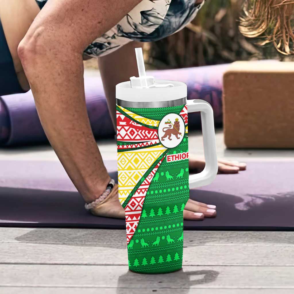 Ethiopia Christmas Tumbler With Handle with Santa Riding Lion Ethiopian Flag Colors and Tribal Pattern Design - Wonder Print Shop