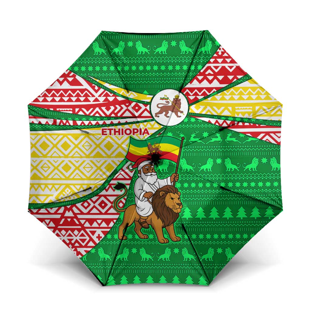 Ethiopia Christmas Umbrella with Santa Riding Lion Ethiopian Flag Colors and Tribal Pattern Design - Wonder Print Shop