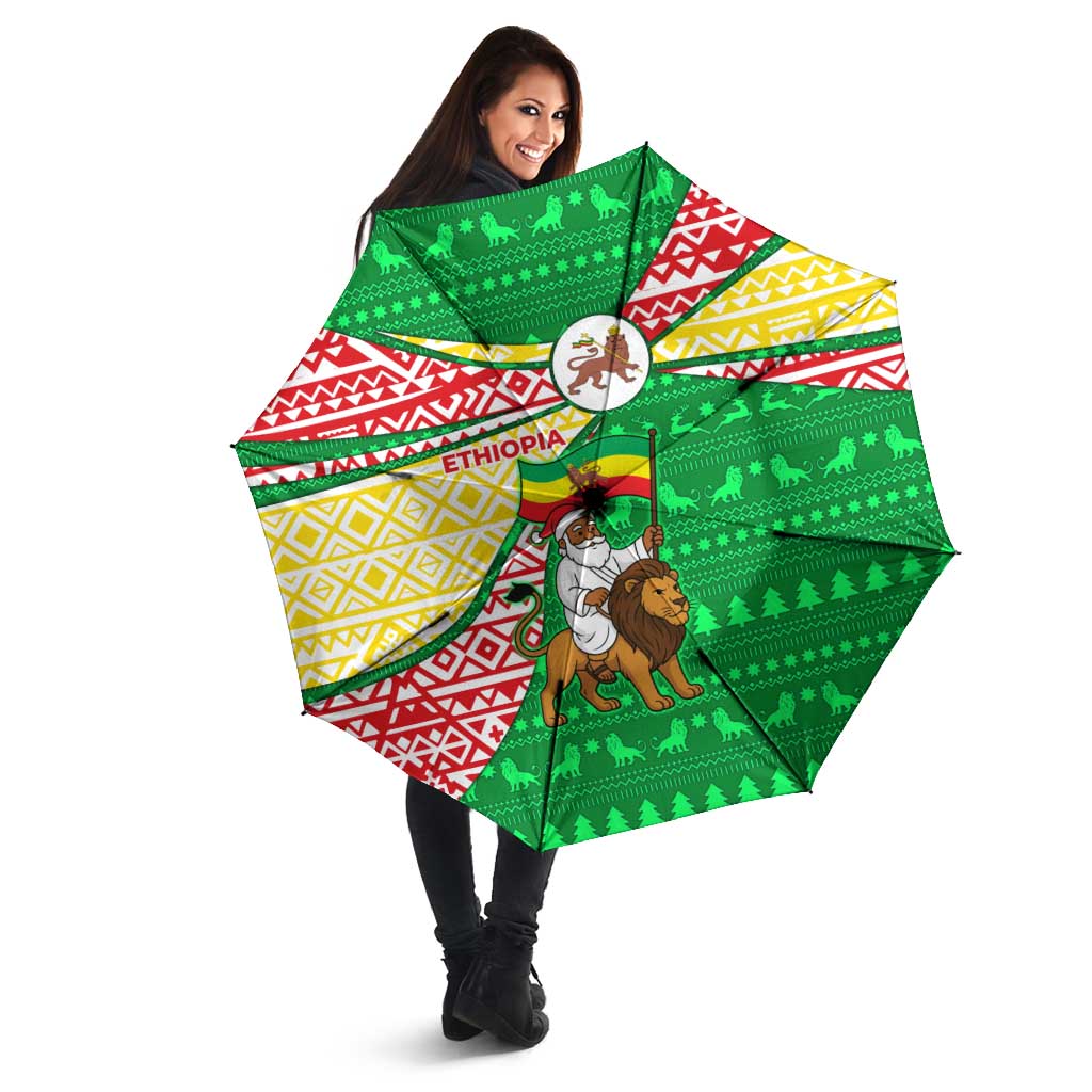 Ethiopia Christmas Umbrella with Santa Riding Lion Ethiopian Flag Colors and Tribal Pattern Design - Wonder Print Shop