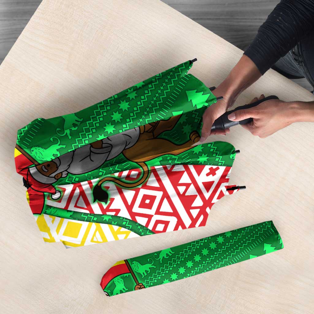 Ethiopia Christmas Umbrella with Santa Riding Lion Ethiopian Flag Colors and Tribal Pattern Design - Wonder Print Shop