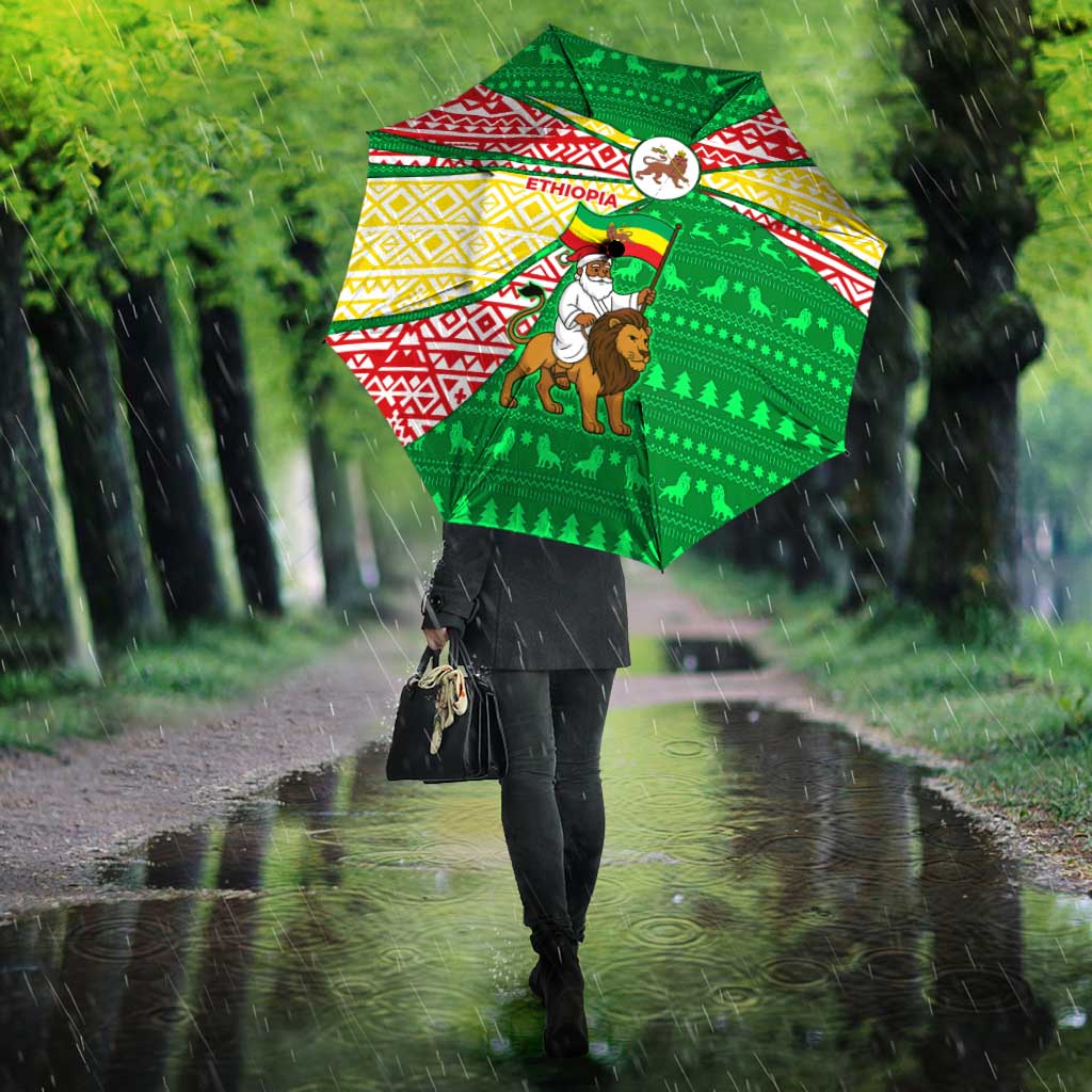 Ethiopia Christmas Umbrella with Santa Riding Lion Ethiopian Flag Colors and Tribal Pattern Design - Wonder Print Shop