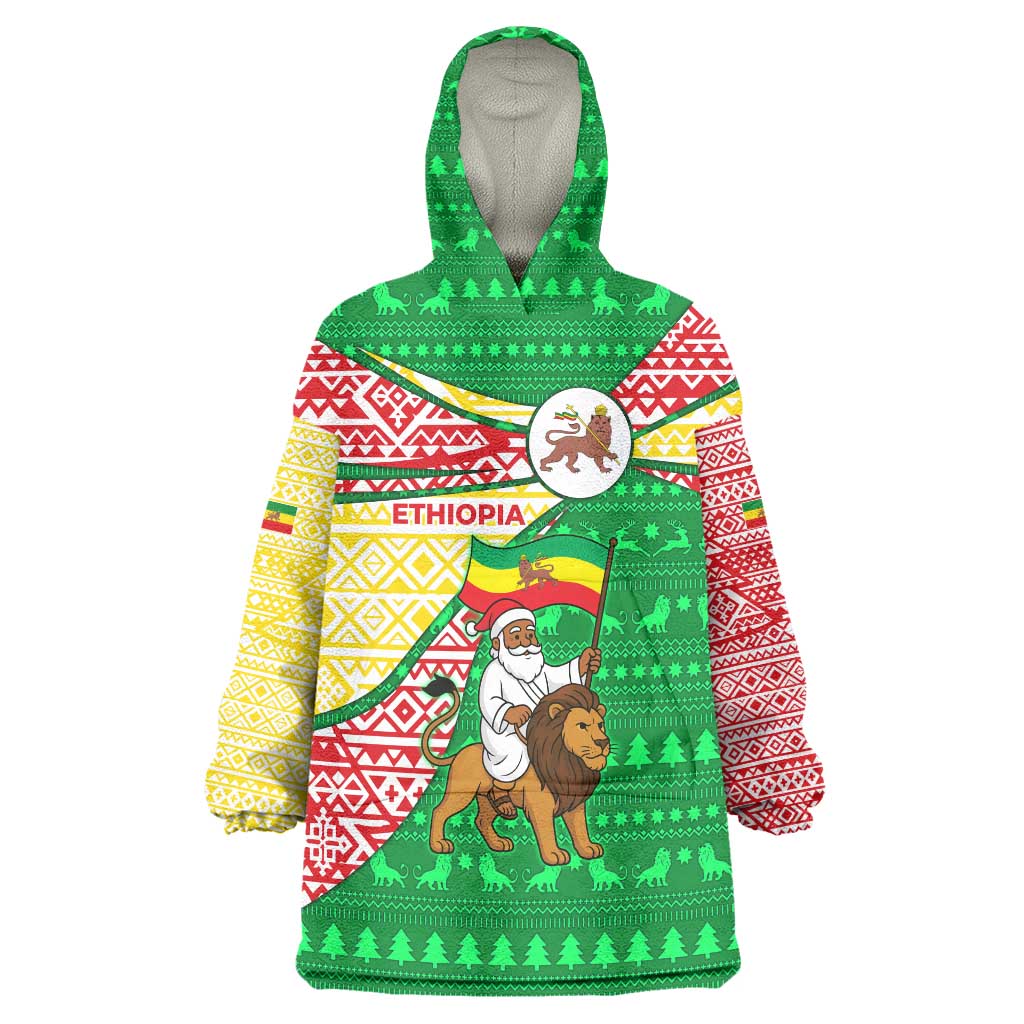 Ethiopia Christmas Wearable Blanket Hoodie with Santa Riding Lion Ethiopian Flag Colors and Tribal Pattern Design - Wonder Print Shop