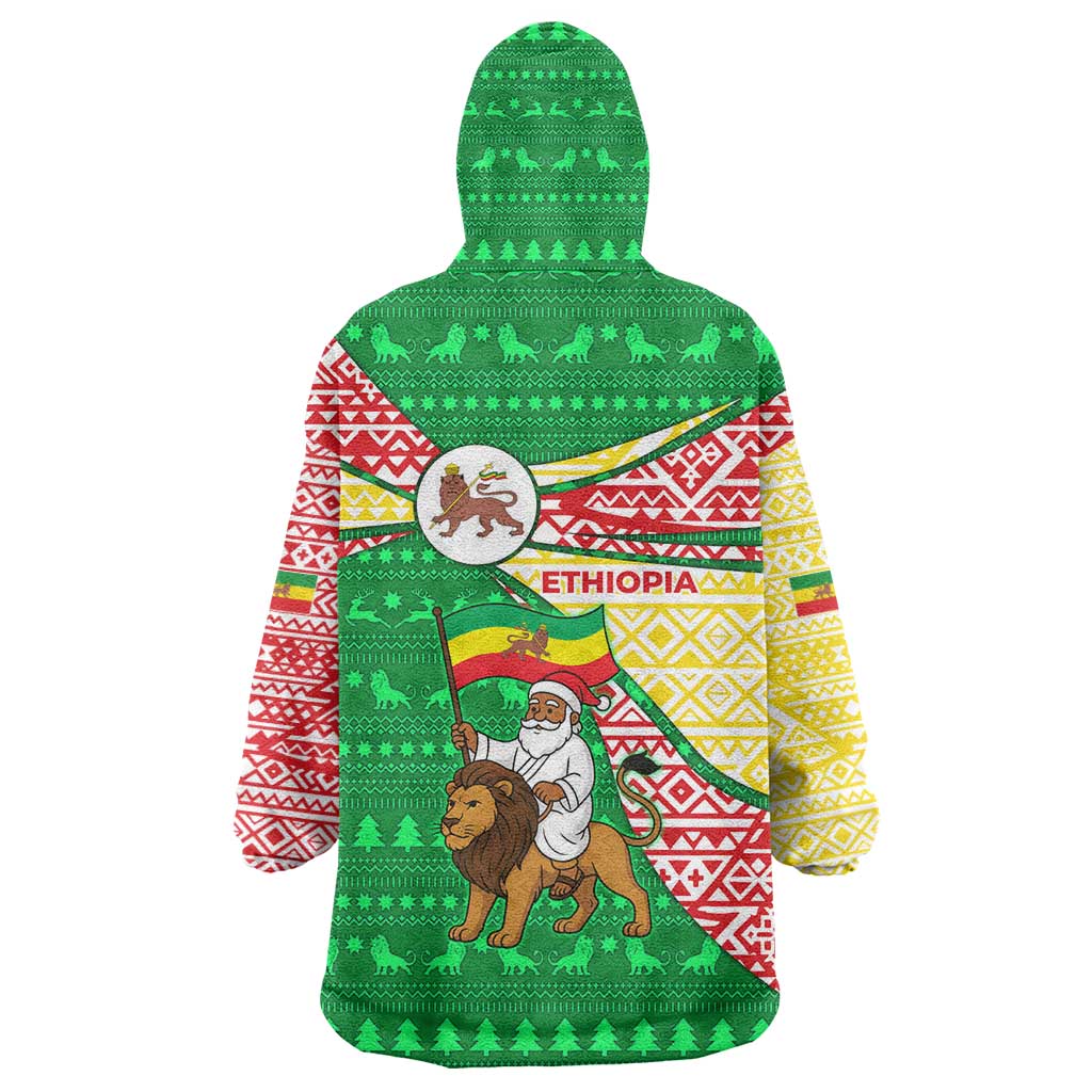 Ethiopia Christmas Wearable Blanket Hoodie with Santa Riding Lion Ethiopian Flag Colors and Tribal Pattern Design - Wonder Print Shop