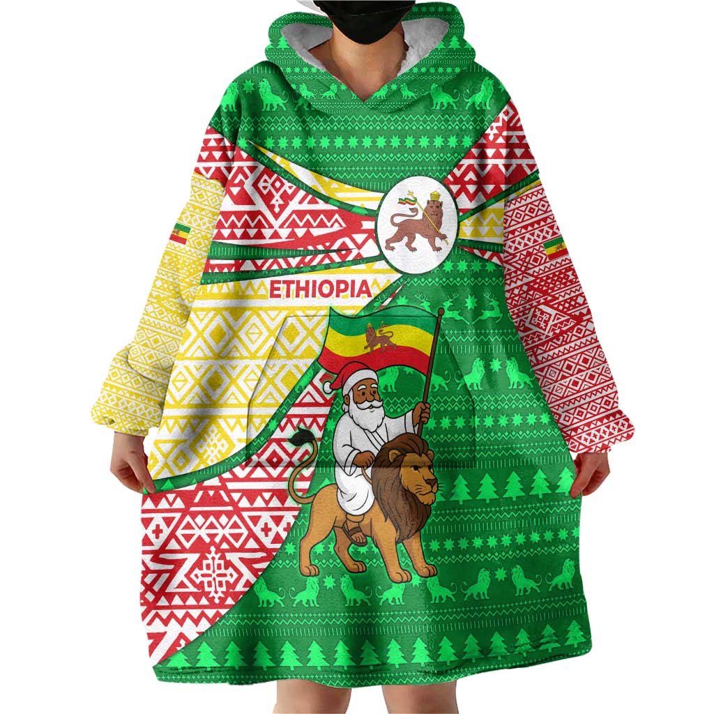 Ethiopia Christmas Wearable Blanket Hoodie with Santa Riding Lion Ethiopian Flag Colors and Tribal Pattern Design - Wonder Print Shop