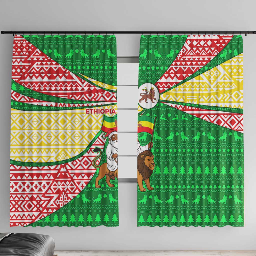 Ethiopia Christmas Window Curtain with Santa Riding Lion Ethiopian Flag Colors and Tribal Pattern Design - Wonder Print Shop