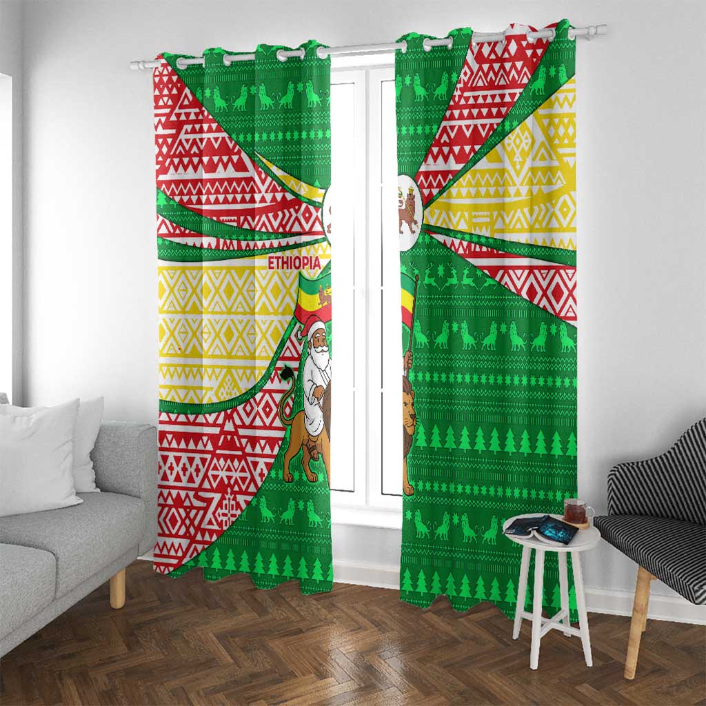 Ethiopia Christmas Window Curtain with Santa Riding Lion Ethiopian Flag Colors and Tribal Pattern Design - Wonder Print Shop