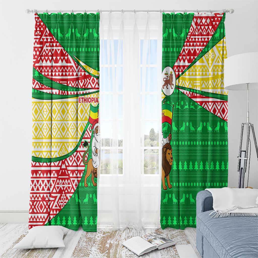 Ethiopia Christmas Window Curtain with Santa Riding Lion Ethiopian Flag Colors and Tribal Pattern Design - Wonder Print Shop