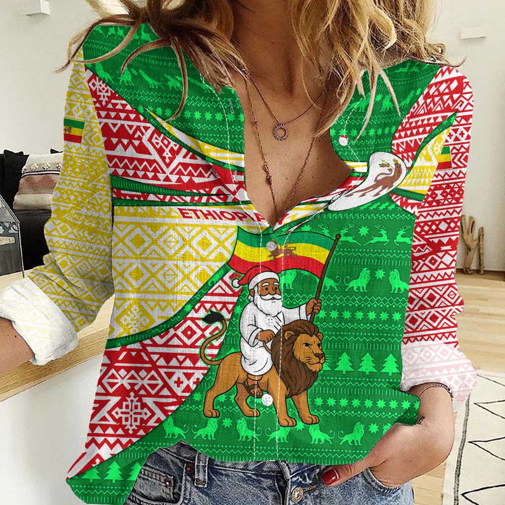 Ethiopia Christmas Women Casual Shirt with Santa Riding Lion Ethiopian Flag Colors and Tribal Pattern Design - Wonder Print Shop