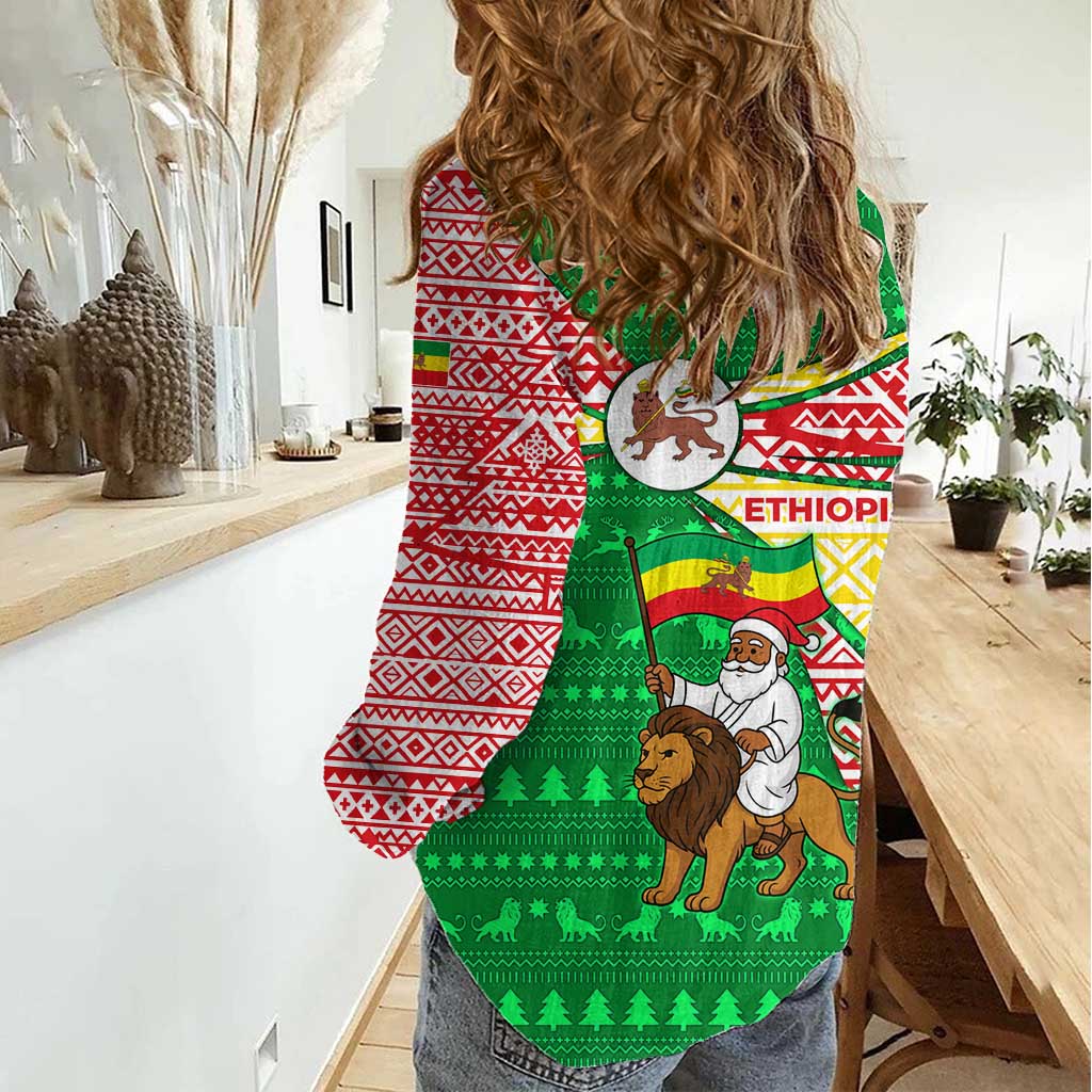Ethiopia Christmas Women Casual Shirt with Santa Riding Lion Ethiopian Flag Colors and Tribal Pattern Design - Wonder Print Shop