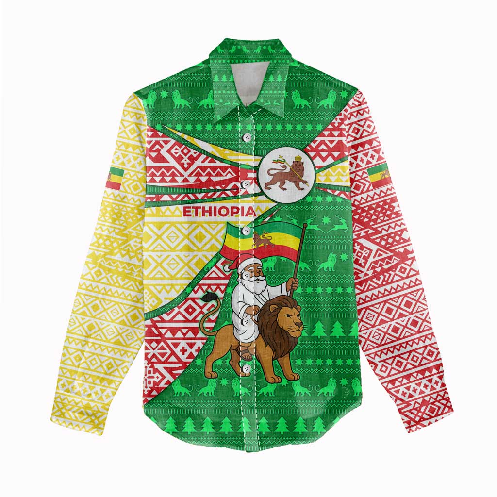Ethiopia Christmas Women Casual Shirt with Santa Riding Lion Ethiopian Flag Colors and Tribal Pattern Design - Wonder Print Shop