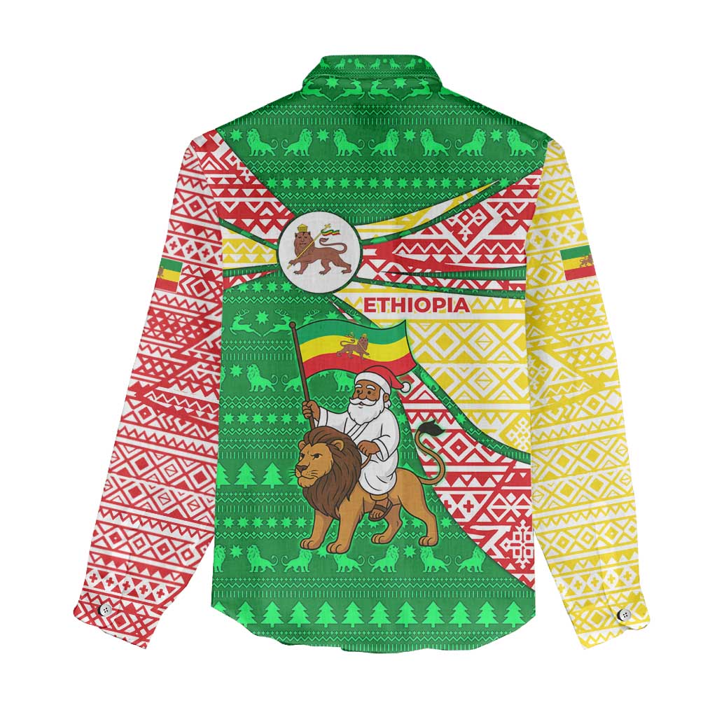 Ethiopia Christmas Women Casual Shirt with Santa Riding Lion Ethiopian Flag Colors and Tribal Pattern Design - Wonder Print Shop