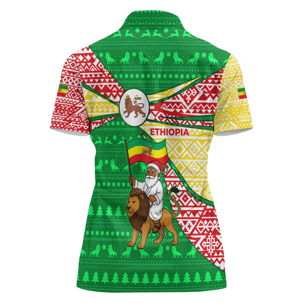 Ethiopia Christmas Women Polo Shirt with Santa Riding Lion Ethiopian Flag Colors and Tribal Pattern Design - Wonder Print Shop