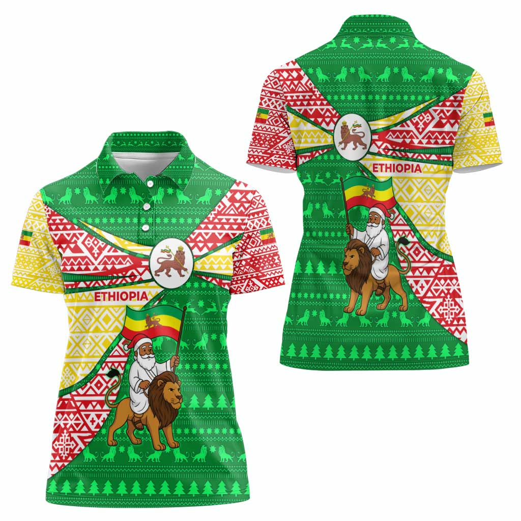 Ethiopia Christmas Women Polo Shirt with Santa Riding Lion Ethiopian Flag Colors and Tribal Pattern Design - Wonder Print Shop