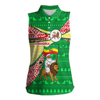 Ethiopia Christmas Women Sleeveless Polo Shirt with Santa Riding Lion Ethiopian Flag Colors and Tribal Pattern Design - Wonder Print Shop