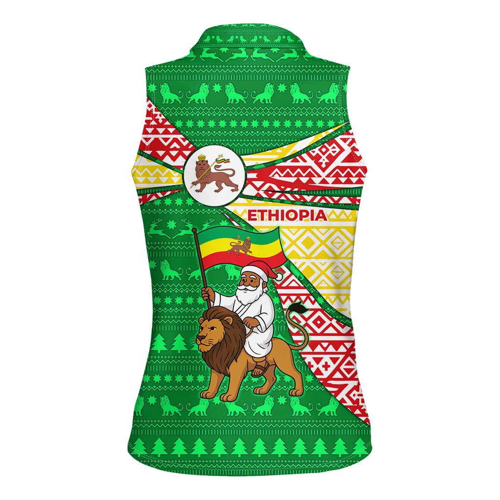 Ethiopia Christmas Women Sleeveless Polo Shirt with Santa Riding Lion Ethiopian Flag Colors and Tribal Pattern Design - Wonder Print Shop