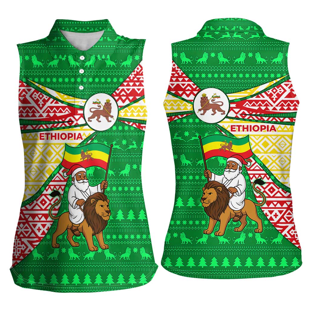 Ethiopia Christmas Women Sleeveless Polo Shirt with Santa Riding Lion Ethiopian Flag Colors and Tribal Pattern Design - Wonder Print Shop