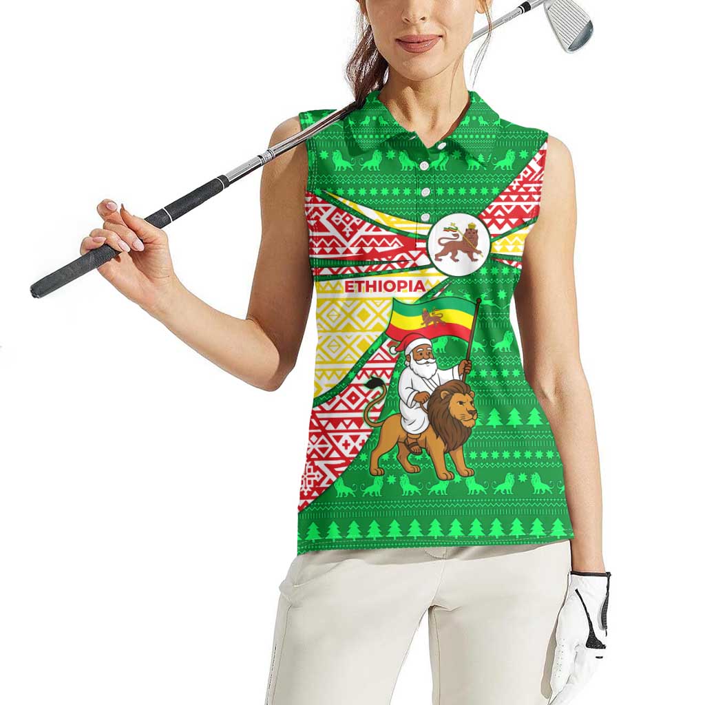 Ethiopia Christmas Women Sleeveless Polo Shirt with Santa Riding Lion Ethiopian Flag Colors and Tribal Pattern Design - Wonder Print Shop