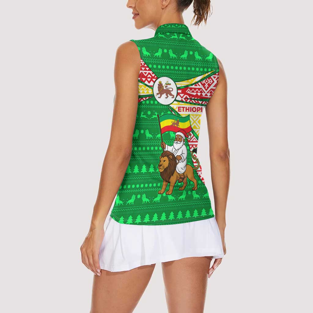 Ethiopia Christmas Women Sleeveless Polo Shirt with Santa Riding Lion Ethiopian Flag Colors and Tribal Pattern Design - Wonder Print Shop
