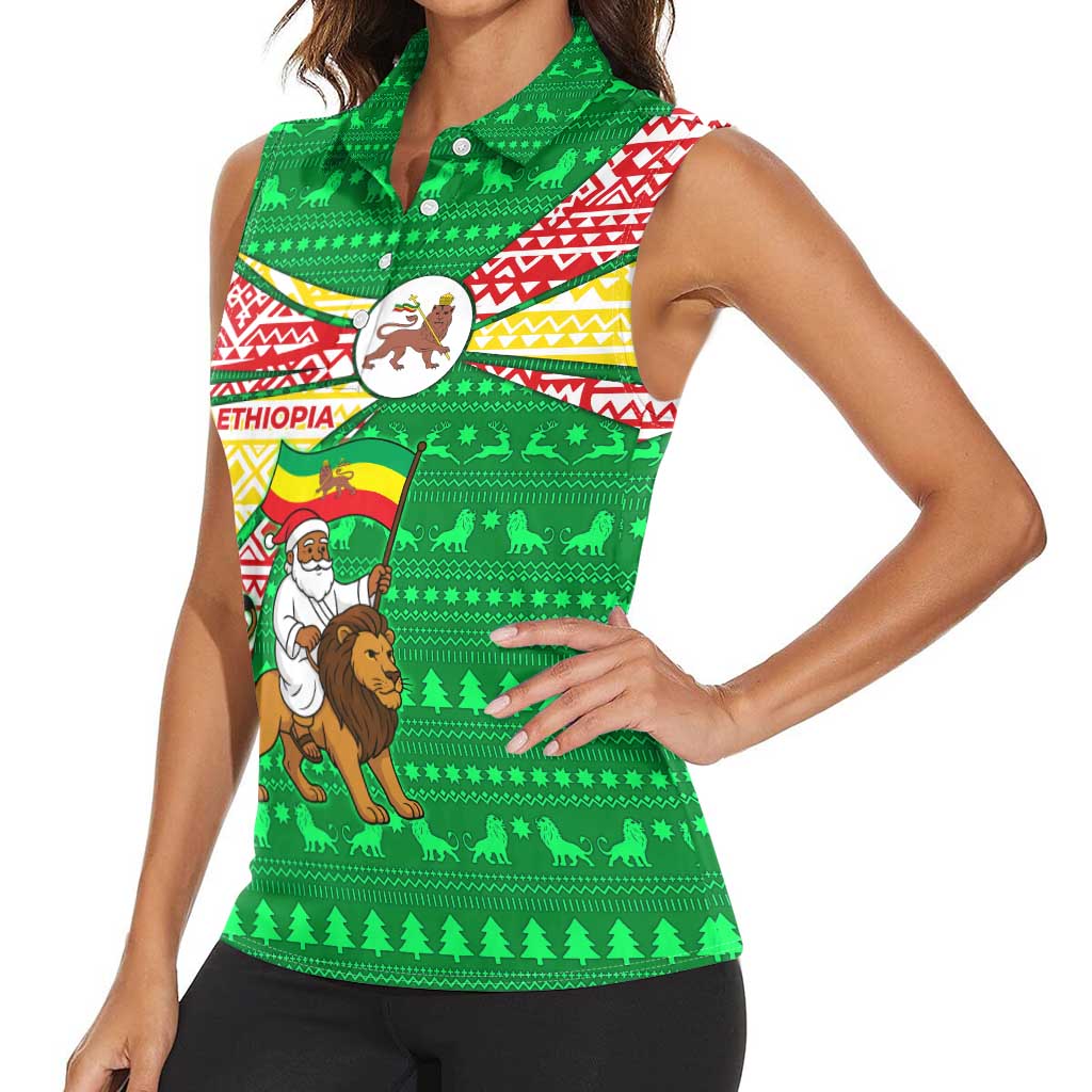 Ethiopia Christmas Women Sleeveless Polo Shirt with Santa Riding Lion Ethiopian Flag Colors and Tribal Pattern Design - Wonder Print Shop