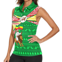 Ethiopia Christmas Women Sleeveless Polo Shirt with Santa Riding Lion Ethiopian Flag Colors and Tribal Pattern Design - Wonder Print Shop