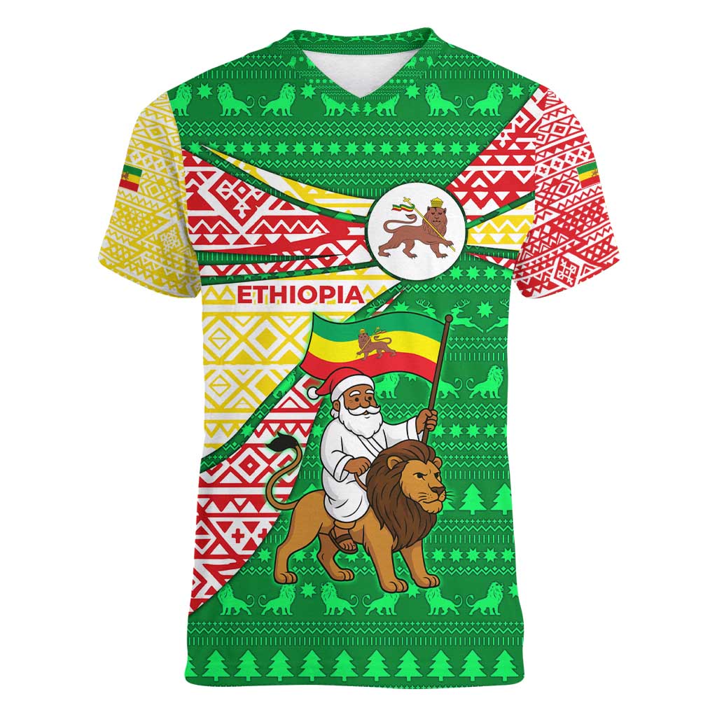 Ethiopia Christmas Women V-Neck T-Shirt with Santa Riding Lion Ethiopian Flag Colors and Tribal Pattern Design - Wonder Print Shop