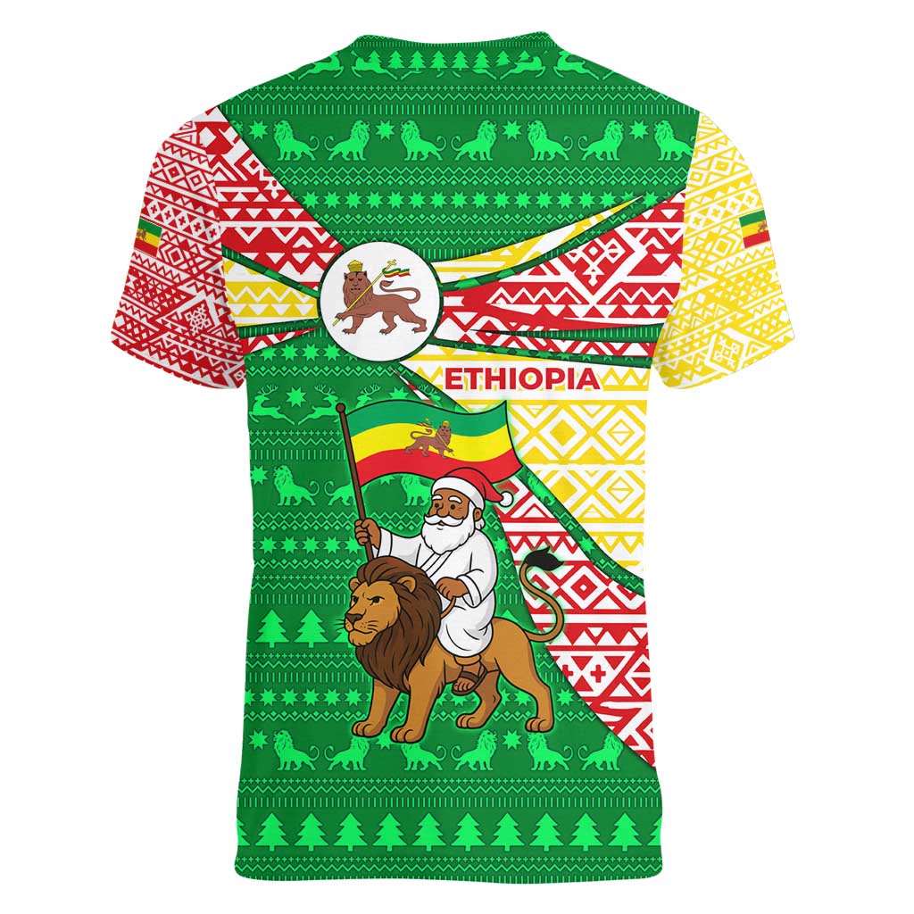 Ethiopia Christmas Women V-Neck T-Shirt with Santa Riding Lion Ethiopian Flag Colors and Tribal Pattern Design - Wonder Print Shop